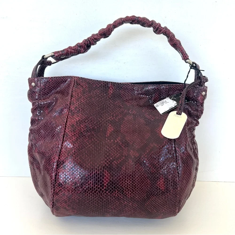 FURLA NEW Burgundy Snake Python Embossed Leather Single Handle Hobo Shoulder Bag - Picture 2 of 16
